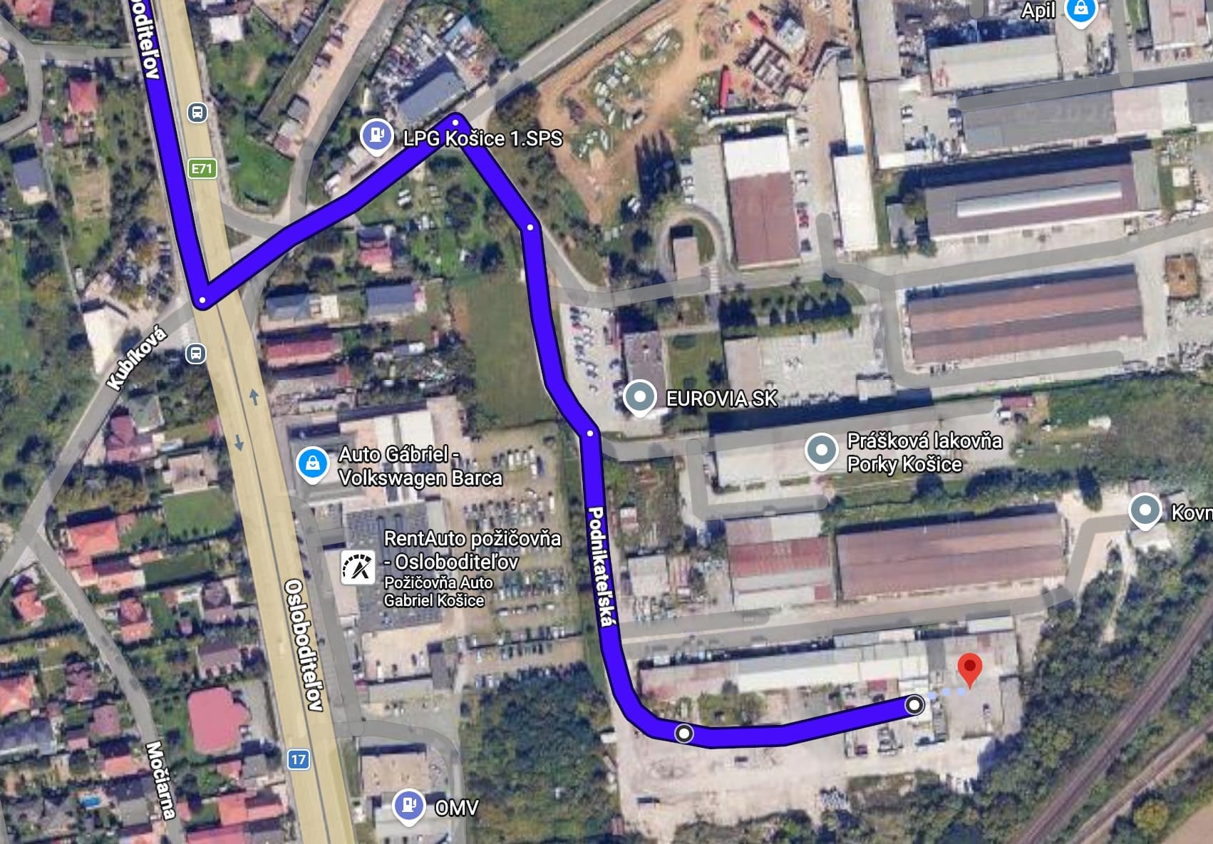 Satelitná mapa cesty k práškovej lakovni PORKY v Košice-Barca — od hlavnej cesty Osloboditeľov cez priemyselný areál po nepostavenú cestu k bráne